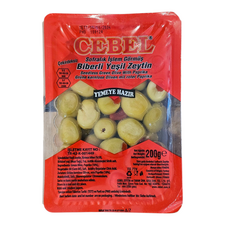 Cebel Biberli Yesil Zeytin | Seedless Green Olive With Paprika | Grüne kernlose Oliven mit roter Paprika (200g) - image 1 | Malaika afro international Markt | KulturCart