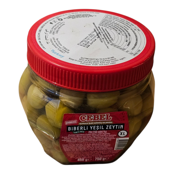 Cebel Biberli Yesil zeytin | Pickled Seedless Green Olive with Paprika | Grüne Kernlose Oliven mit Roter Paprika Gefüllt in Salzlake (750g) - image 7 | Malaika afro international Markt | KulturCart