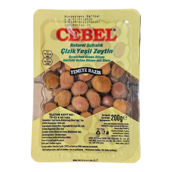 Cebel cizik Yesil Zeytin | Scratched Green Olives | Geritzte Grüne Oliven mit Stein (200g) - image 1 | Malaika afro international Markt | KulturCart
